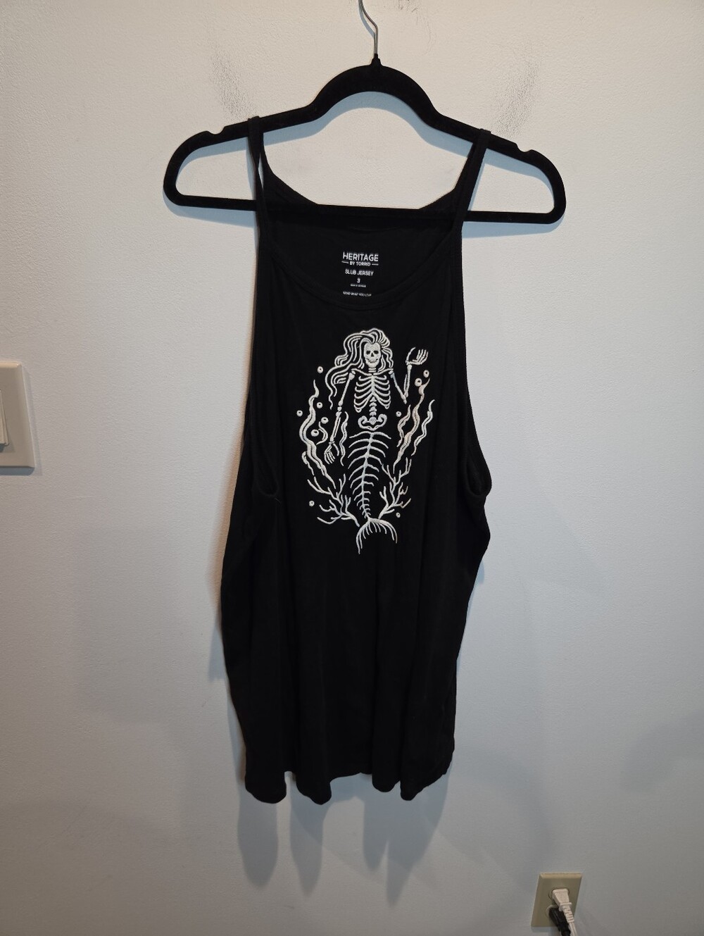 Torrid Size 3x Black Slub Jersey Knit Tank Top W/ Embroidery Skeleton Mermaid